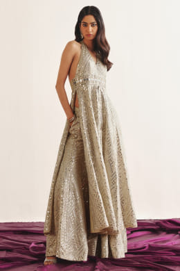 Buy Silver mirror work halter jacket dress by Twenty Nine at Aashni and Co