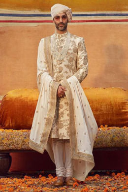 Buy Ivory jaal work sherwani by Sabyasachi at Aashni and Co
