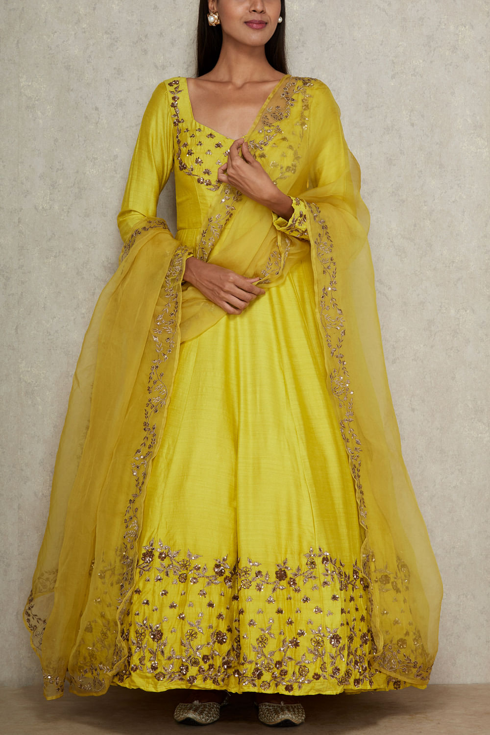 Yellow sequin embellished anarkali