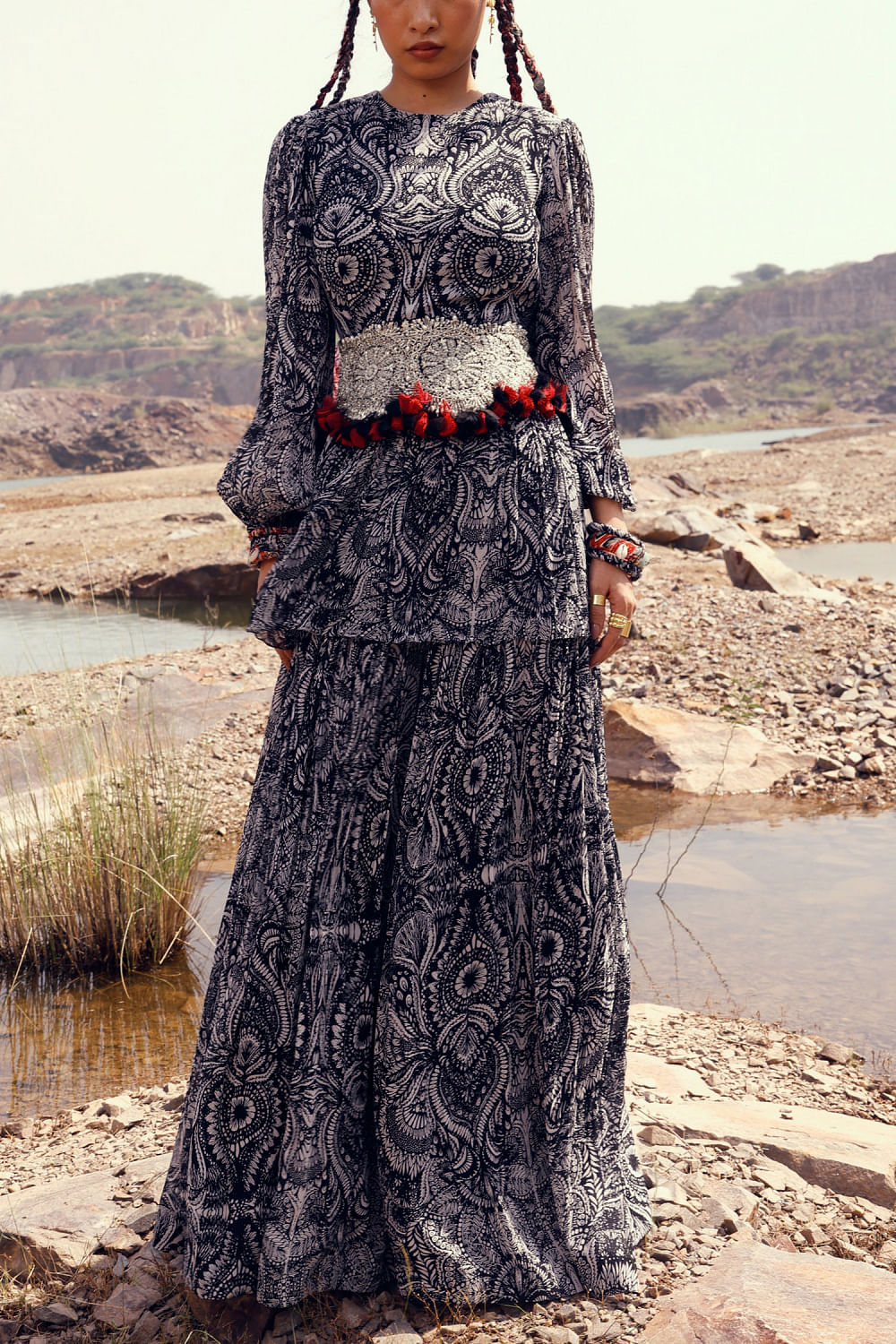 Black geo floral peplum top and skirt set