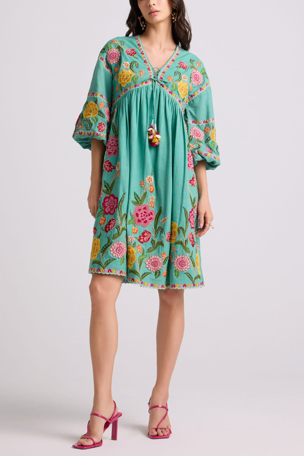 Buy Aqua floral embroidered dress by Chandrima at Aashni and Co