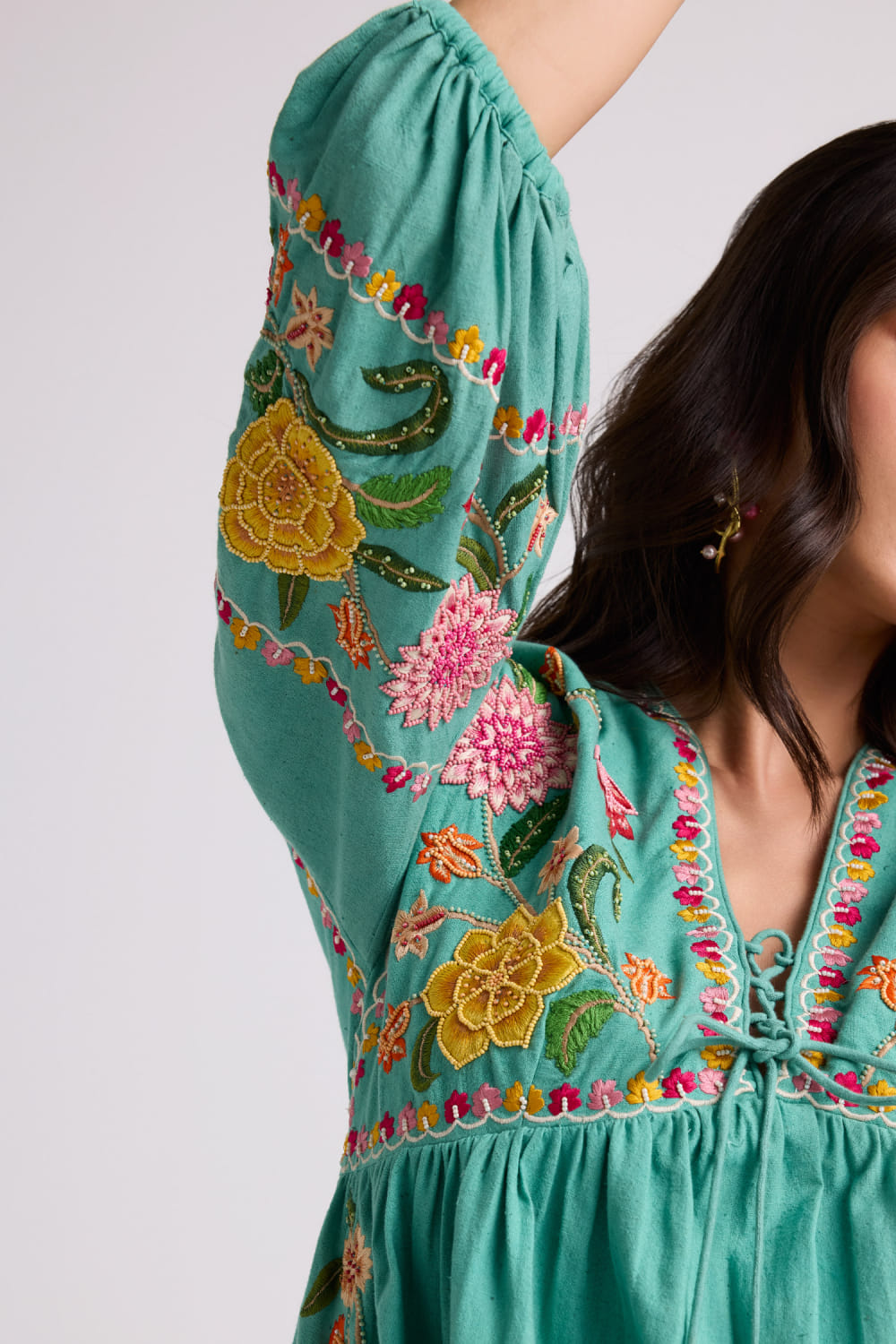 Buy Aqua floral embroidered dress by Chandrima at Aashni and Co