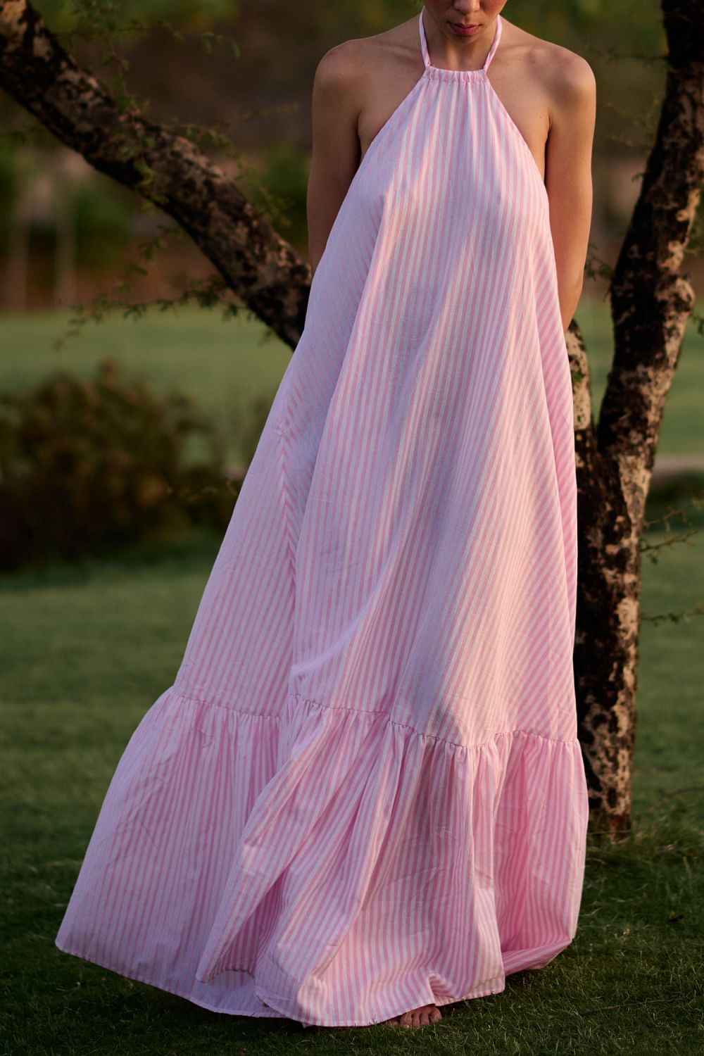 Buy Baby pink Madras stripes maxi dress by Raas Life at Aashni and Co