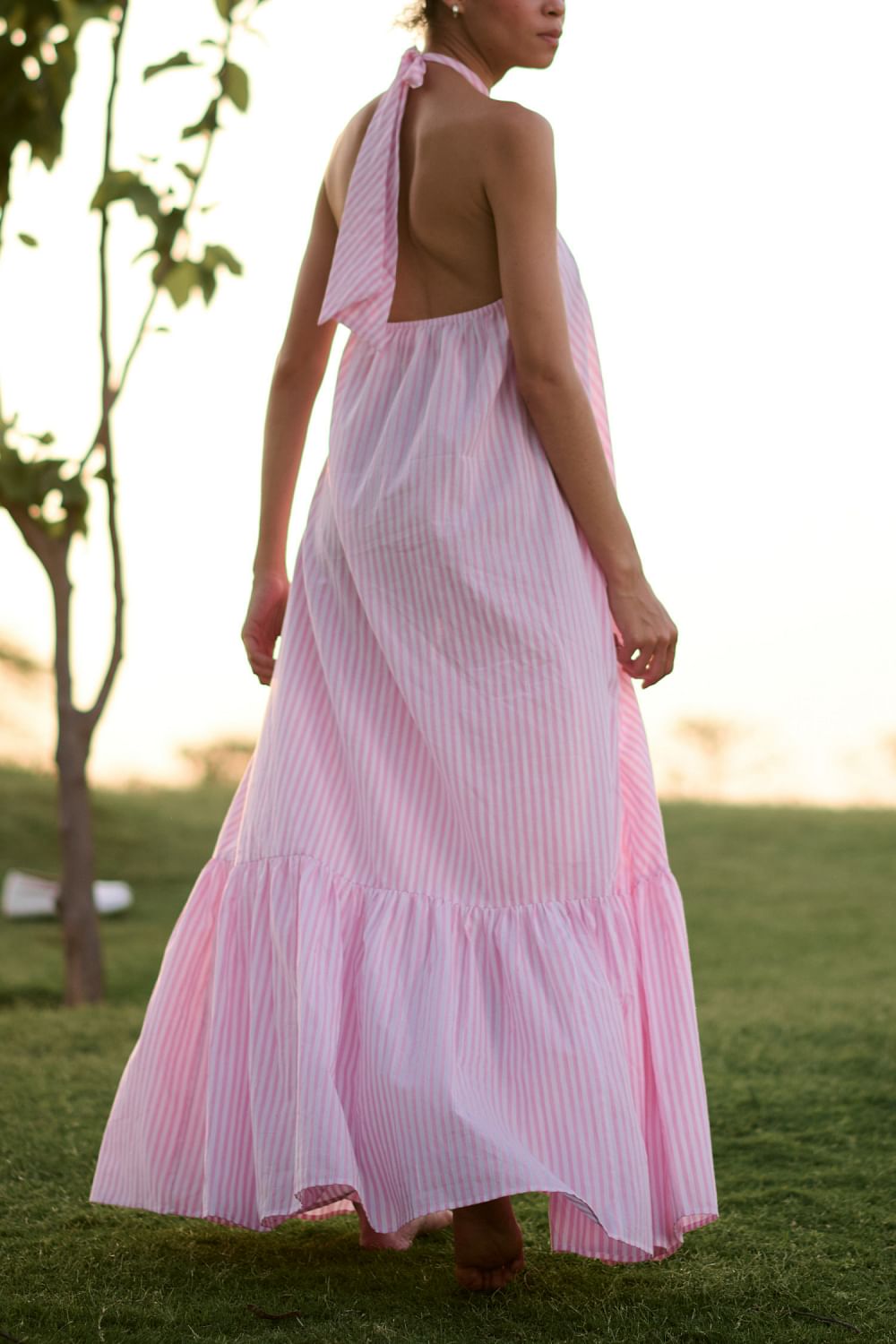 Buy Baby pink Madras stripes maxi dress by Raas Life at Aashni and Co
