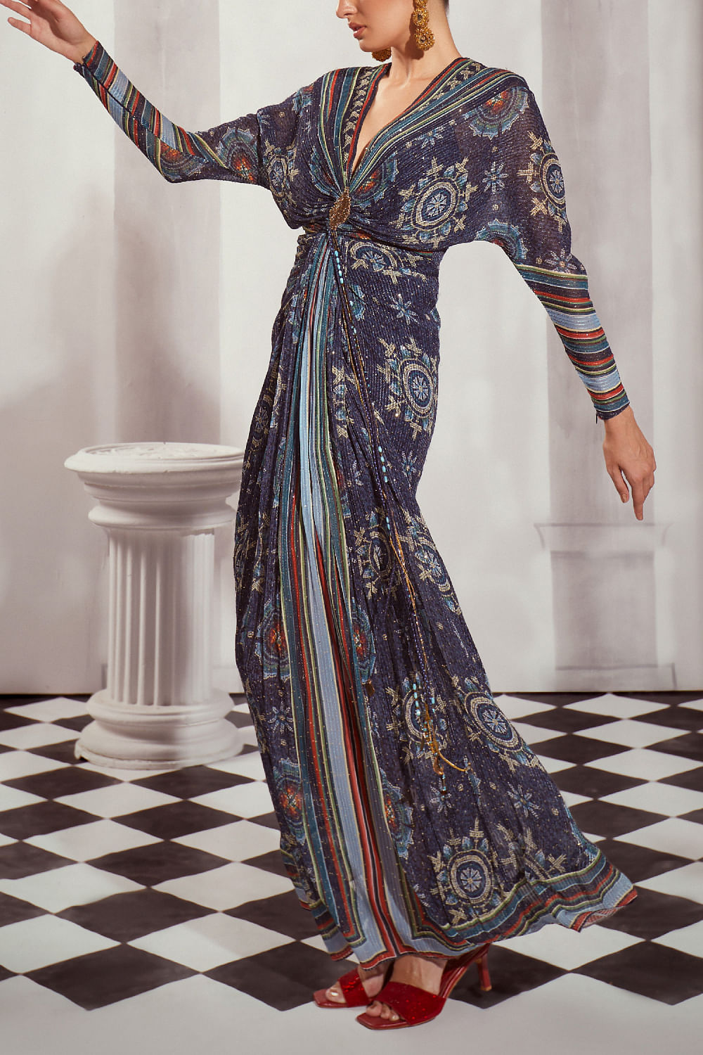 Buy Blue floral mosaic printed sequin maxi dress by Nikita Mhaisalkar at Aashni and Co