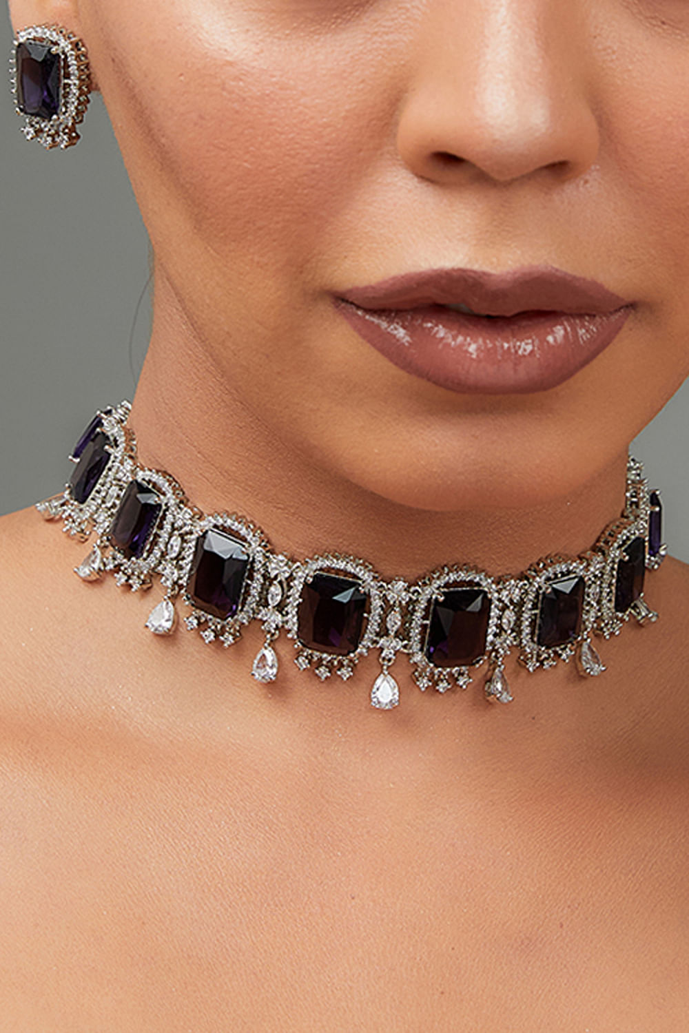 Buy Blue stone and faux diamond choker set by Zevar By Geeta at Aashni and Co