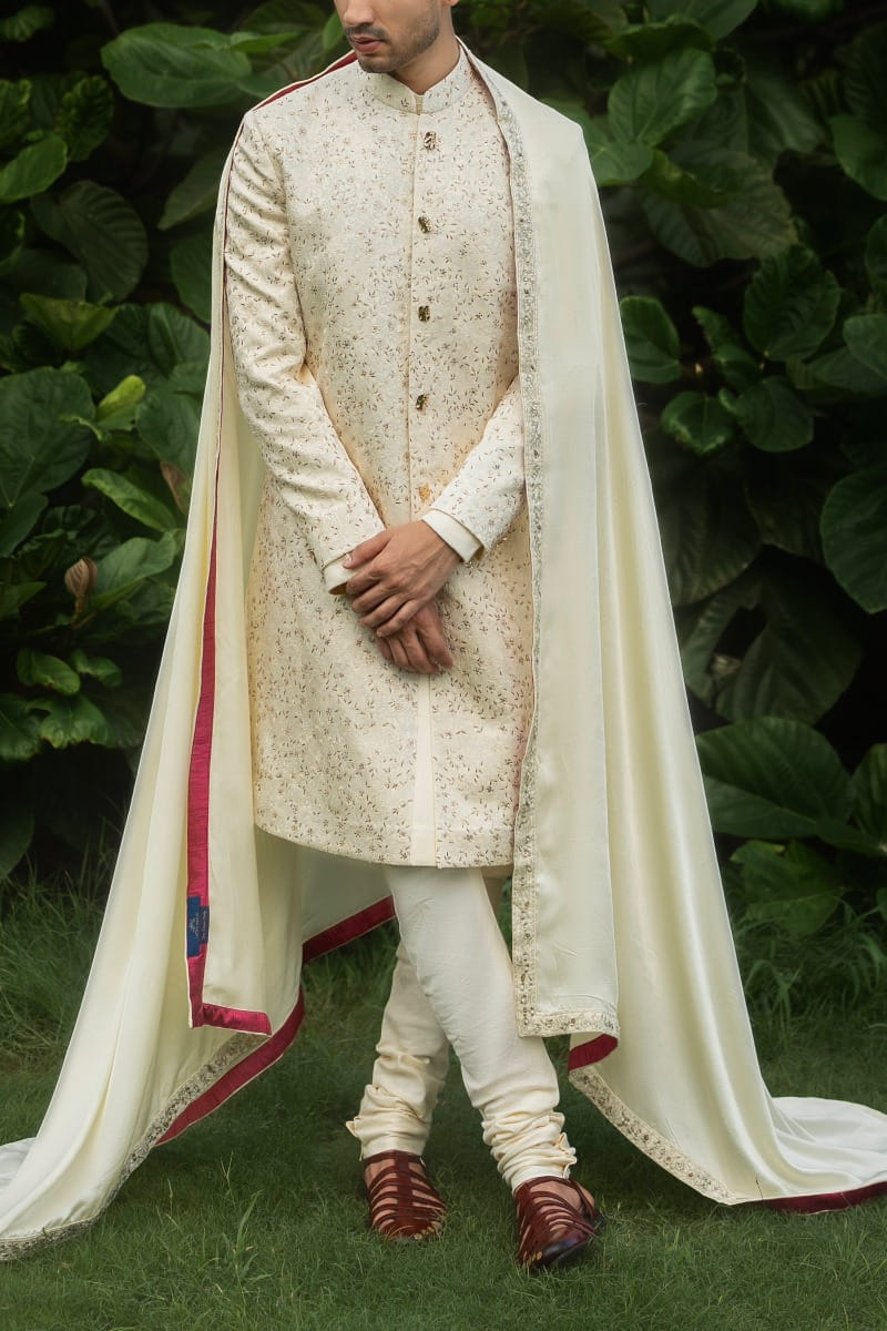 Butter yellow embroidered sherwani full set