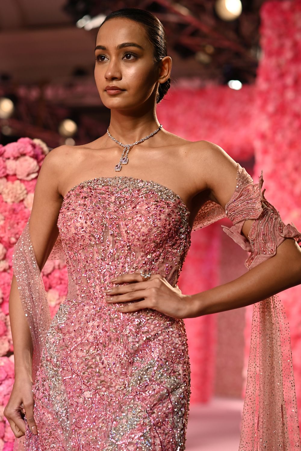 Candy pink embroidered bustier gown set