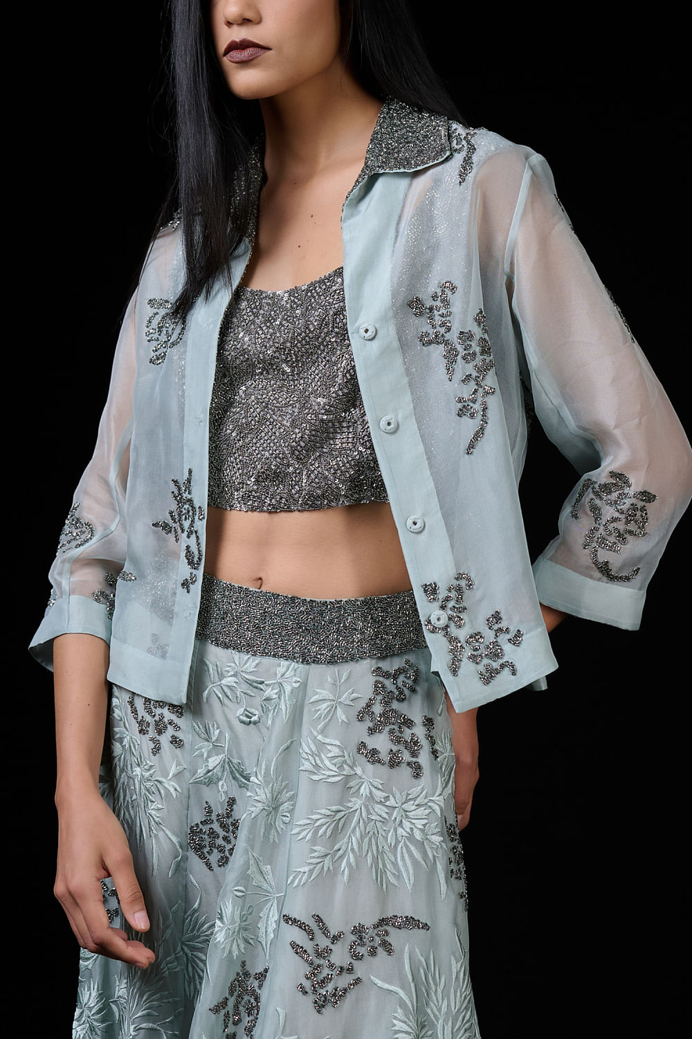 Celadon and silver bead work sheer jacket
