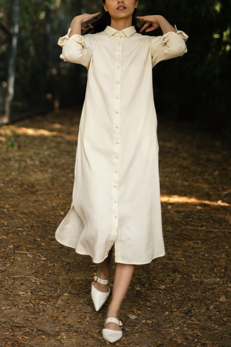 Cream white woolen shirt dress
