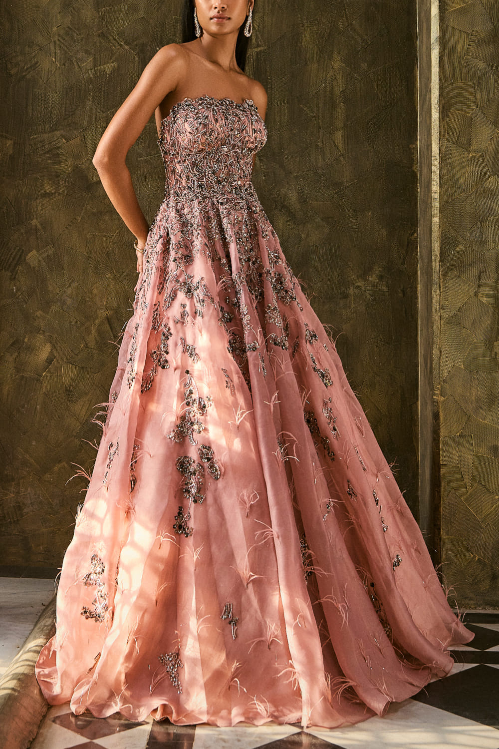 Buy Dusty peach embellished gown by Dolly J at Aashni and Co