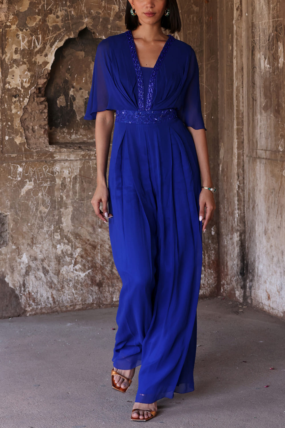 Electric blue embroidery draped jumpsuit