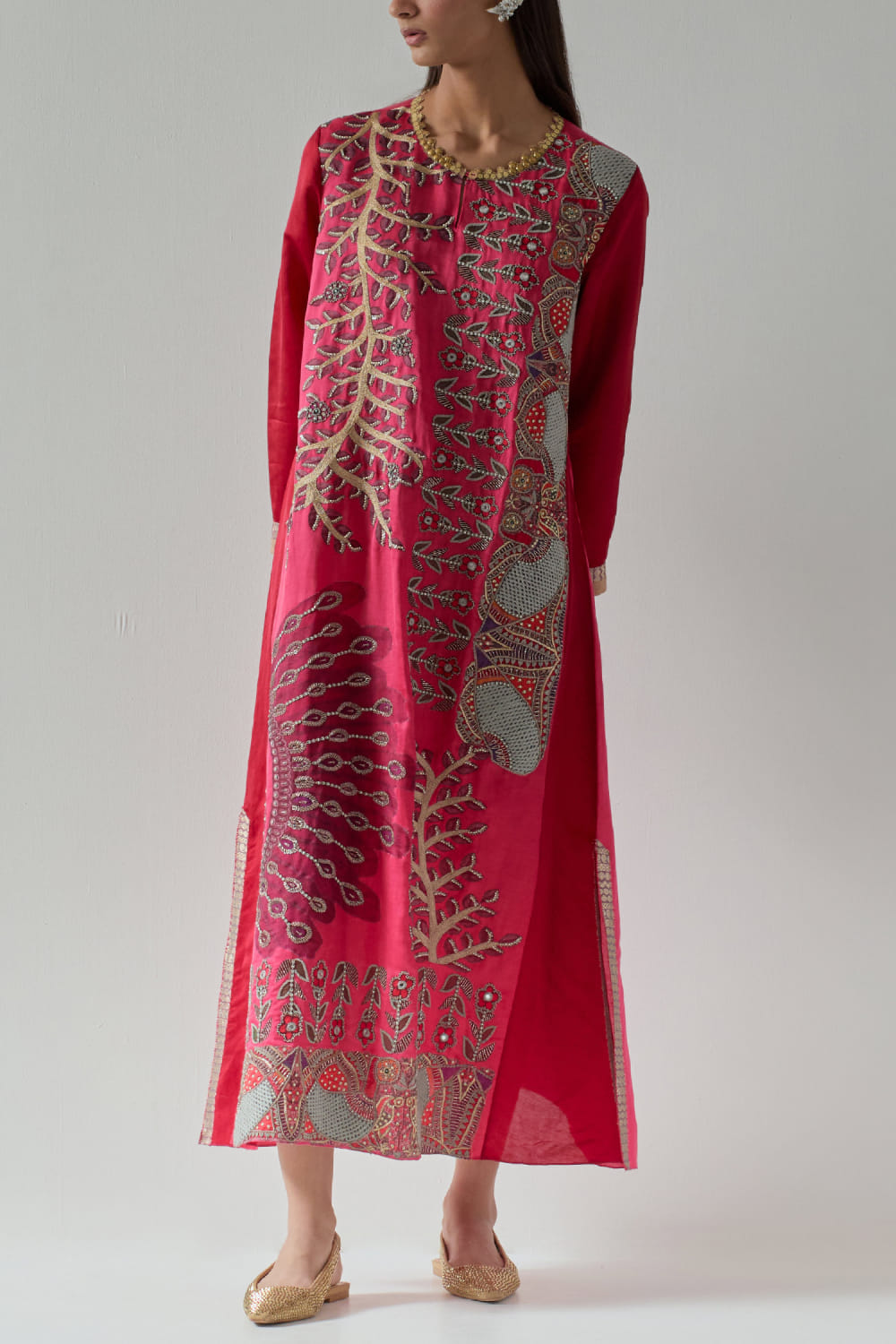 Buy Fuchsia floral printed embroidered long kurta by AUM Ashima