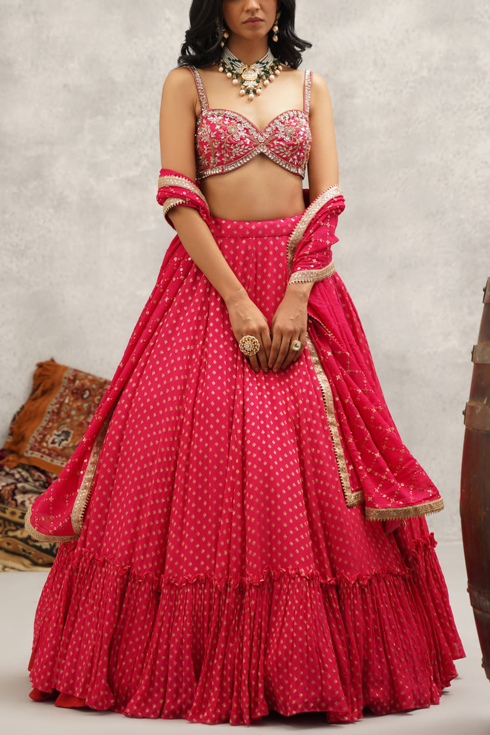 Buy Fuchsia floral woven tiered banarasi lehenga set by Kapda Dori at Aashni and Co