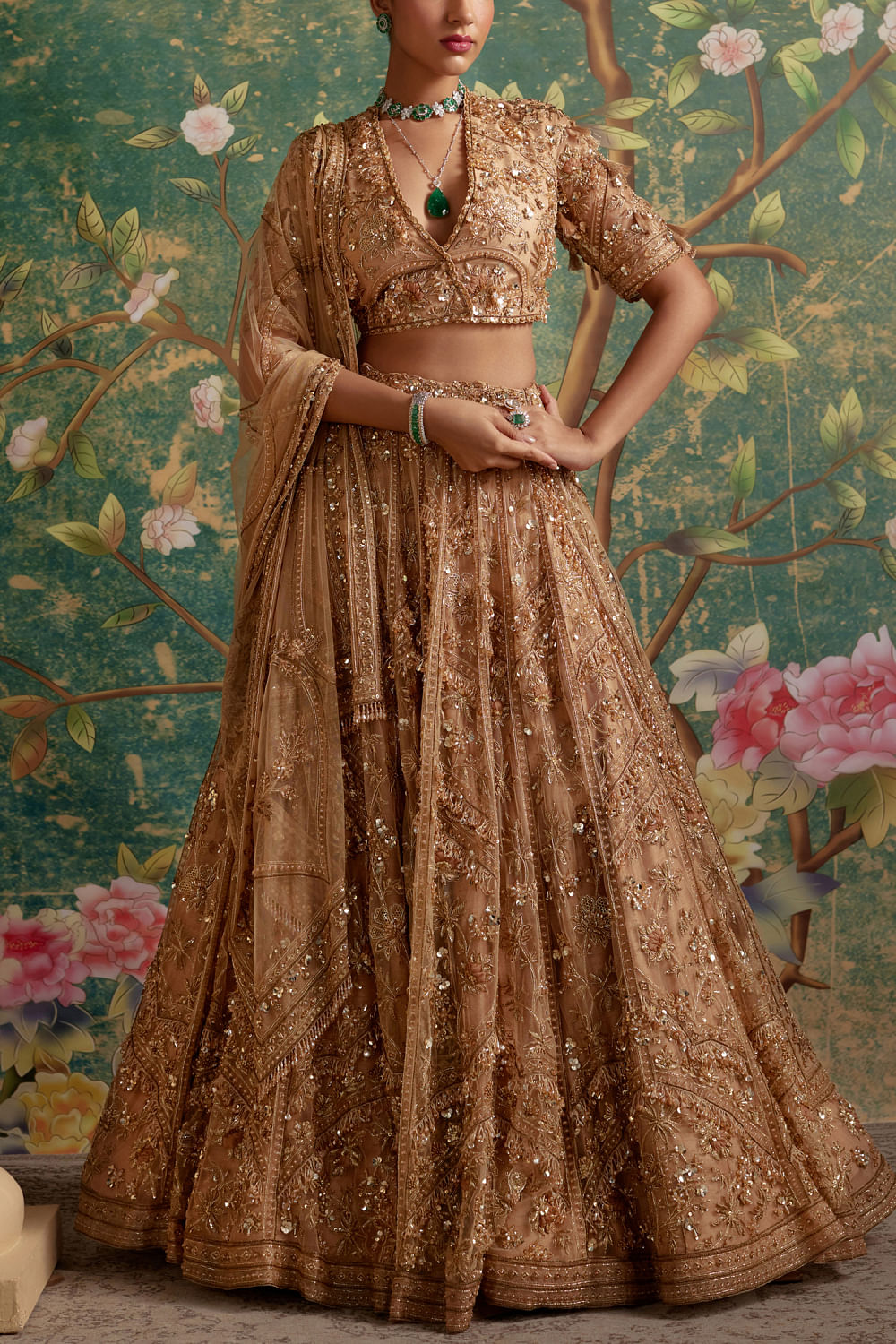 Buy Gold embellished net lehenga set by Ridhi Mehra at Aashni and Co