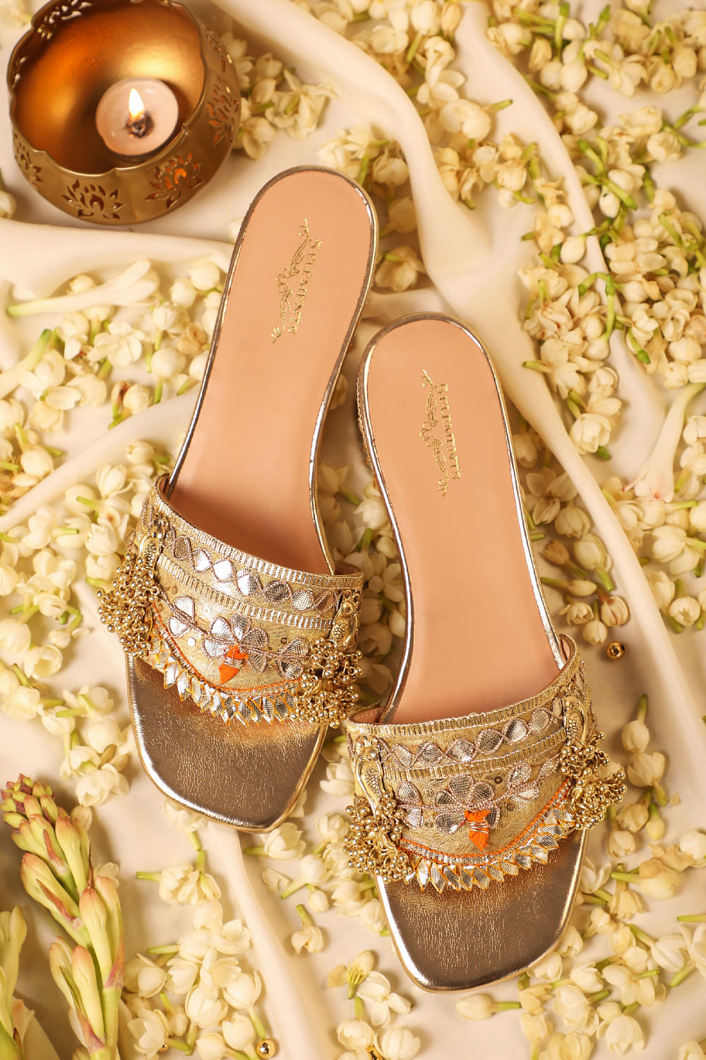 Buy Gold floral gota embroidered heels by 5 Elements by Radhika Gupta at Aashni and Co