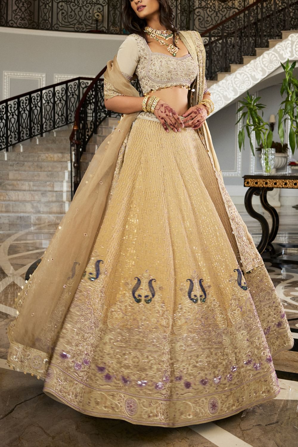 Gold peacock embroidered lehenga set