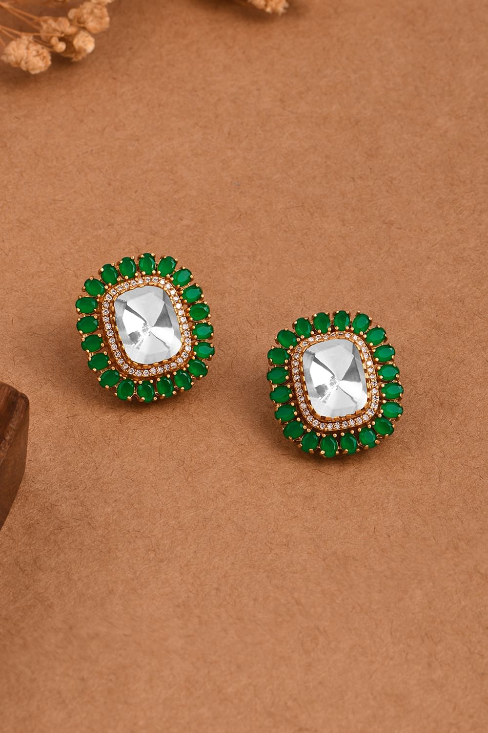 Buy Green emerald and polki studs by Joules by Radhika at Aashni and Co