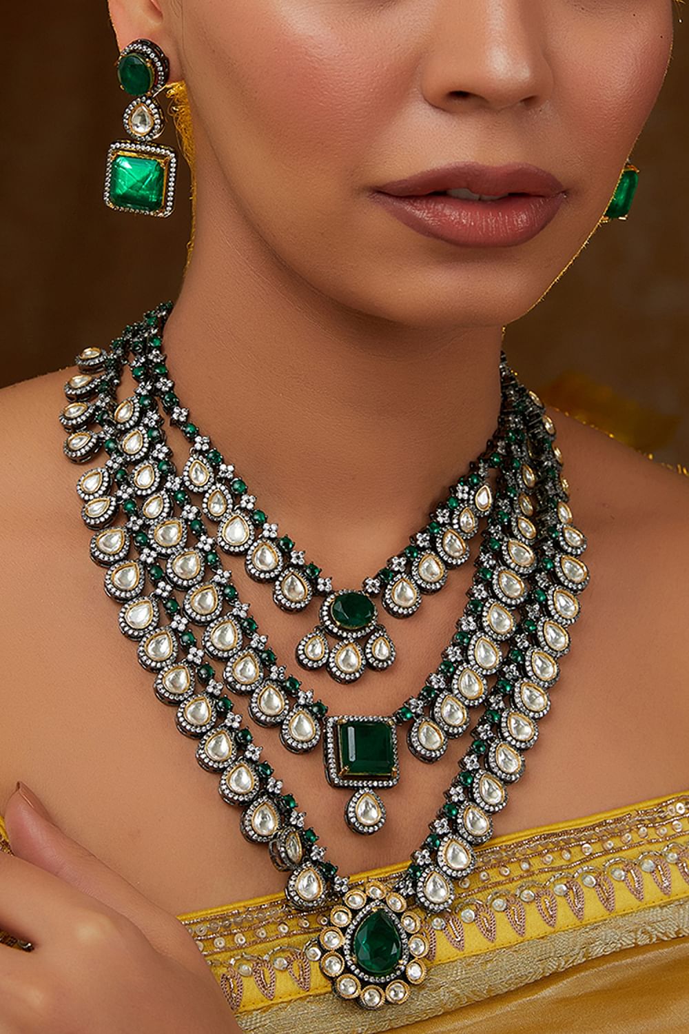 Green emerald polki layered long necklace set