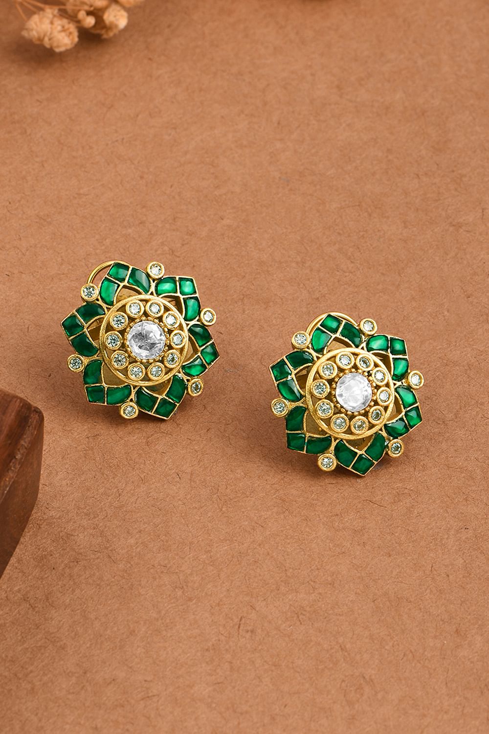 Buy Green emerald polki star studs by Joules by Radhika at Aashni and Co