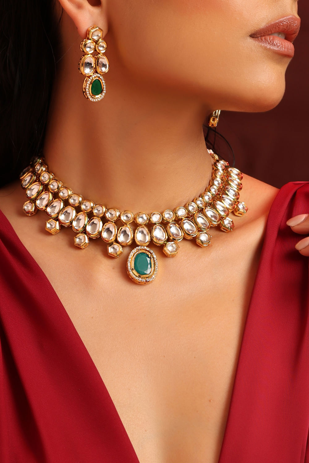Buy Green kundan necklace set by Swabhimann Jewellery at Aashni and Co