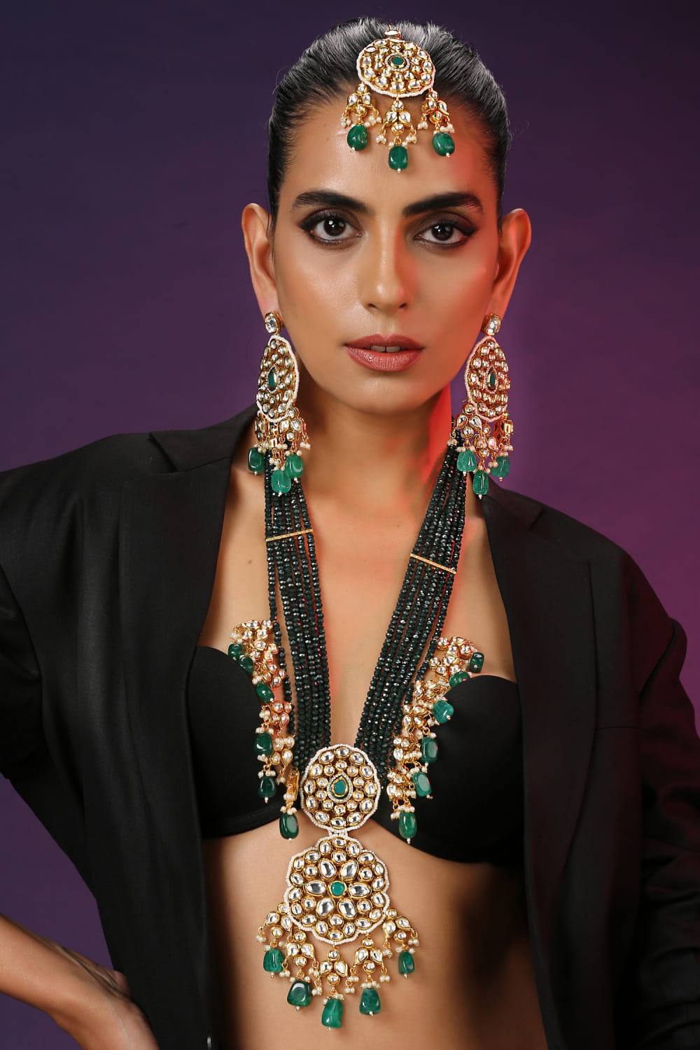Buy Green kundan polki beaded long necklace set by Swabhimann
