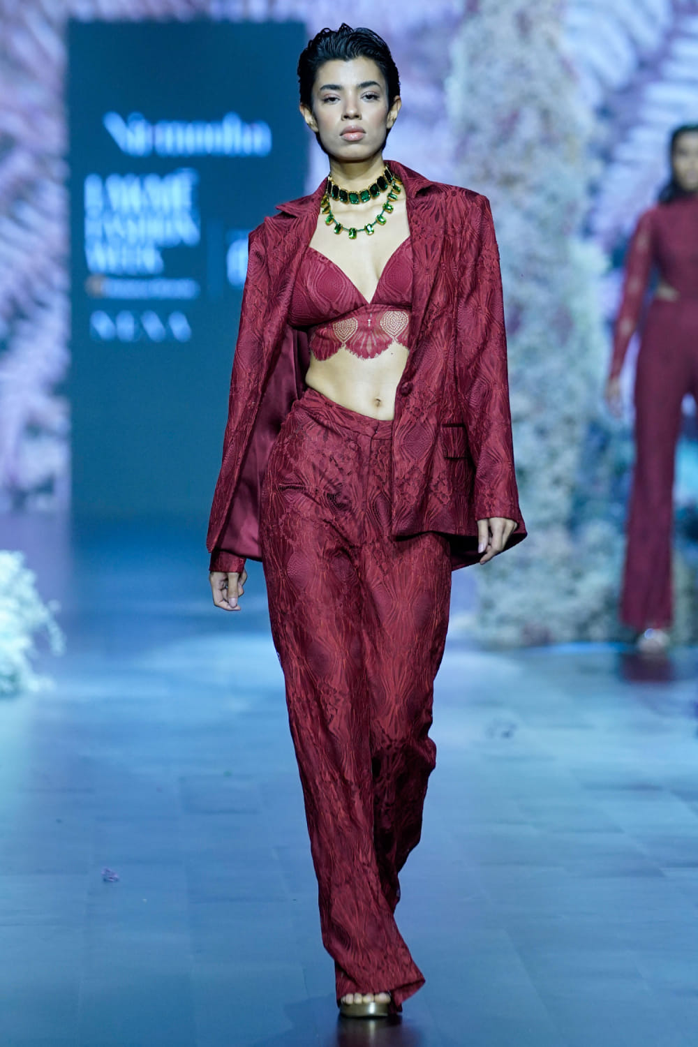 Buy Intense rust chantilly lace blazer set by Nirmooha at Aashni