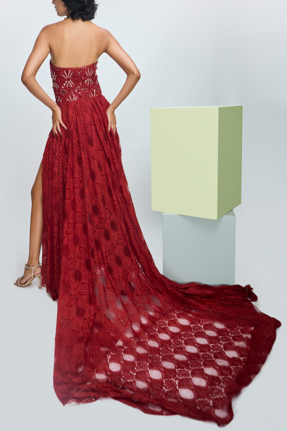 Buy Intense rust embroidered lace trail dress by Nirmooha at Aashni and Co