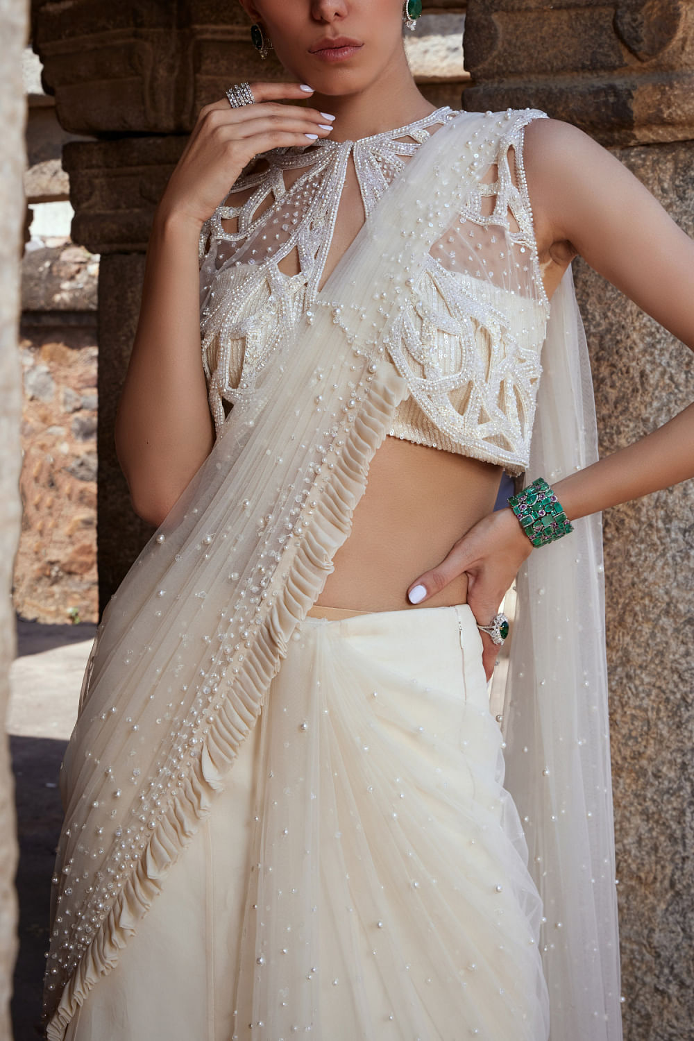 Buy Ivory Crystal And Pearl Embellished Lehenga Set By Kamaali Couture At Aashni And Co 