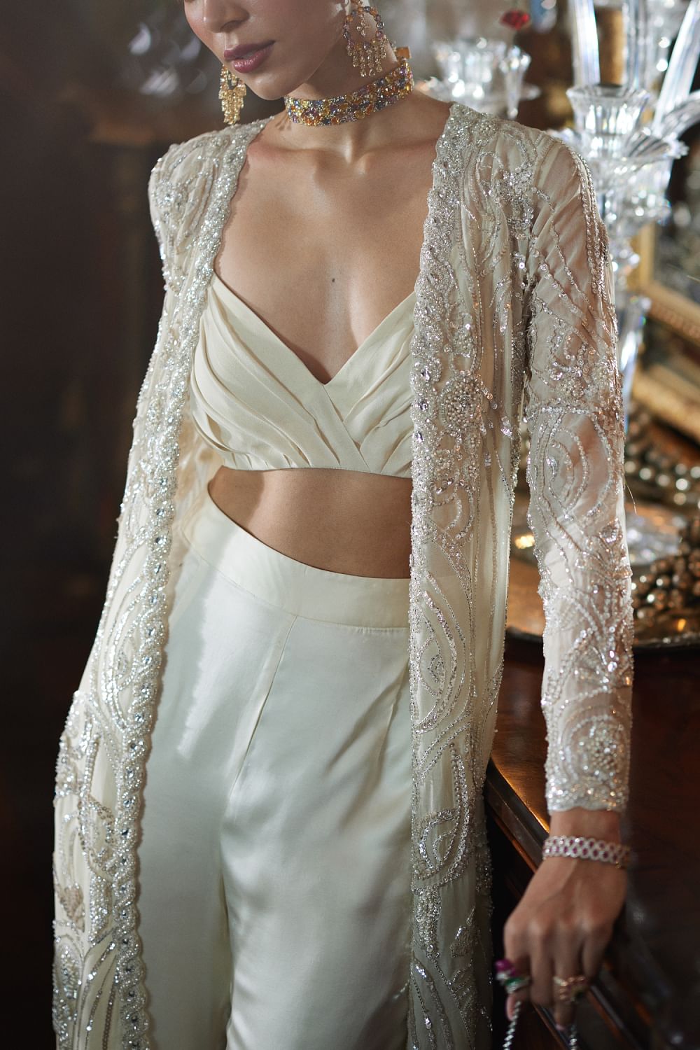 Buy Ivory sequin embellished long jacket set by Anushkaa Bajaj at Aashni and Co