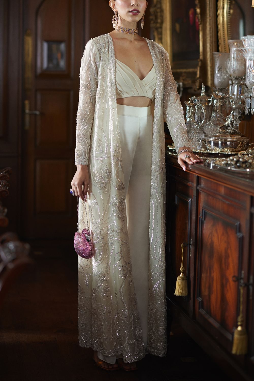 Buy Ivory sequin embellished long jacket set by Anushkaa Bajaj at Aashni and Co