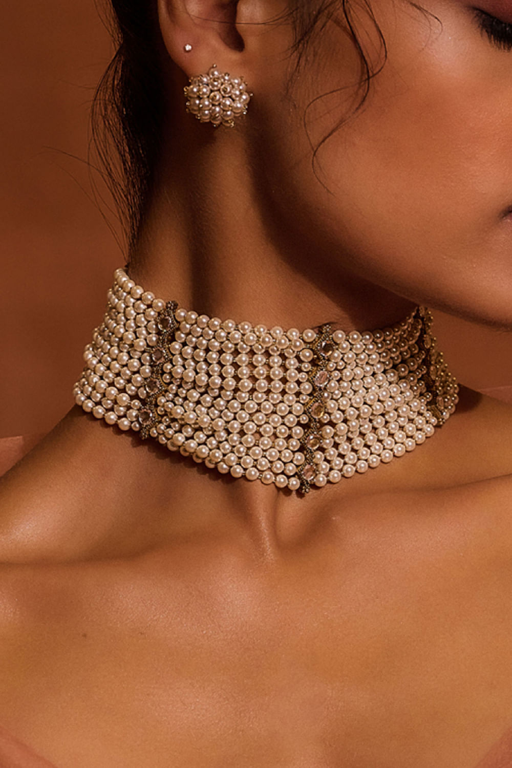 Buy Ivory Swarovski pearl choker by Tarun Tahiliani at Aashni and Co