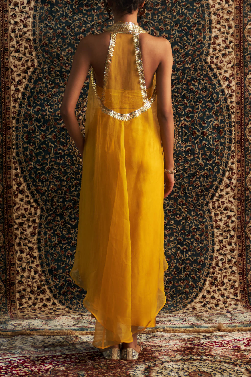 Buy Marigold gota embroidered jacket skirt set by Charkhee at