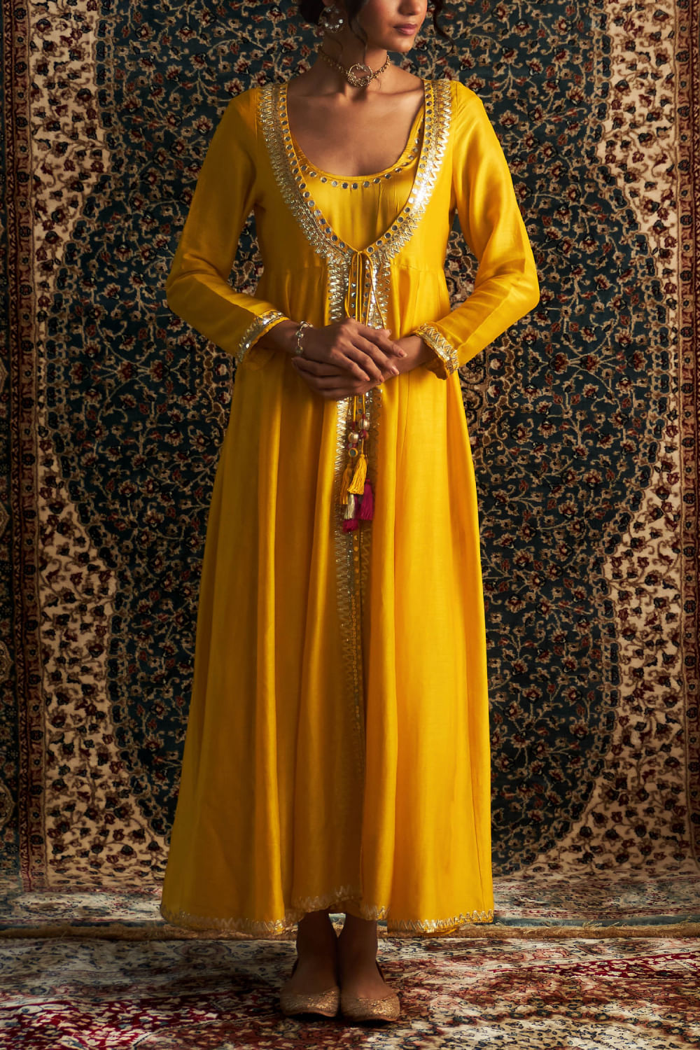 Buy Marigold mirror embroidered choga jacket set by Charkhee at