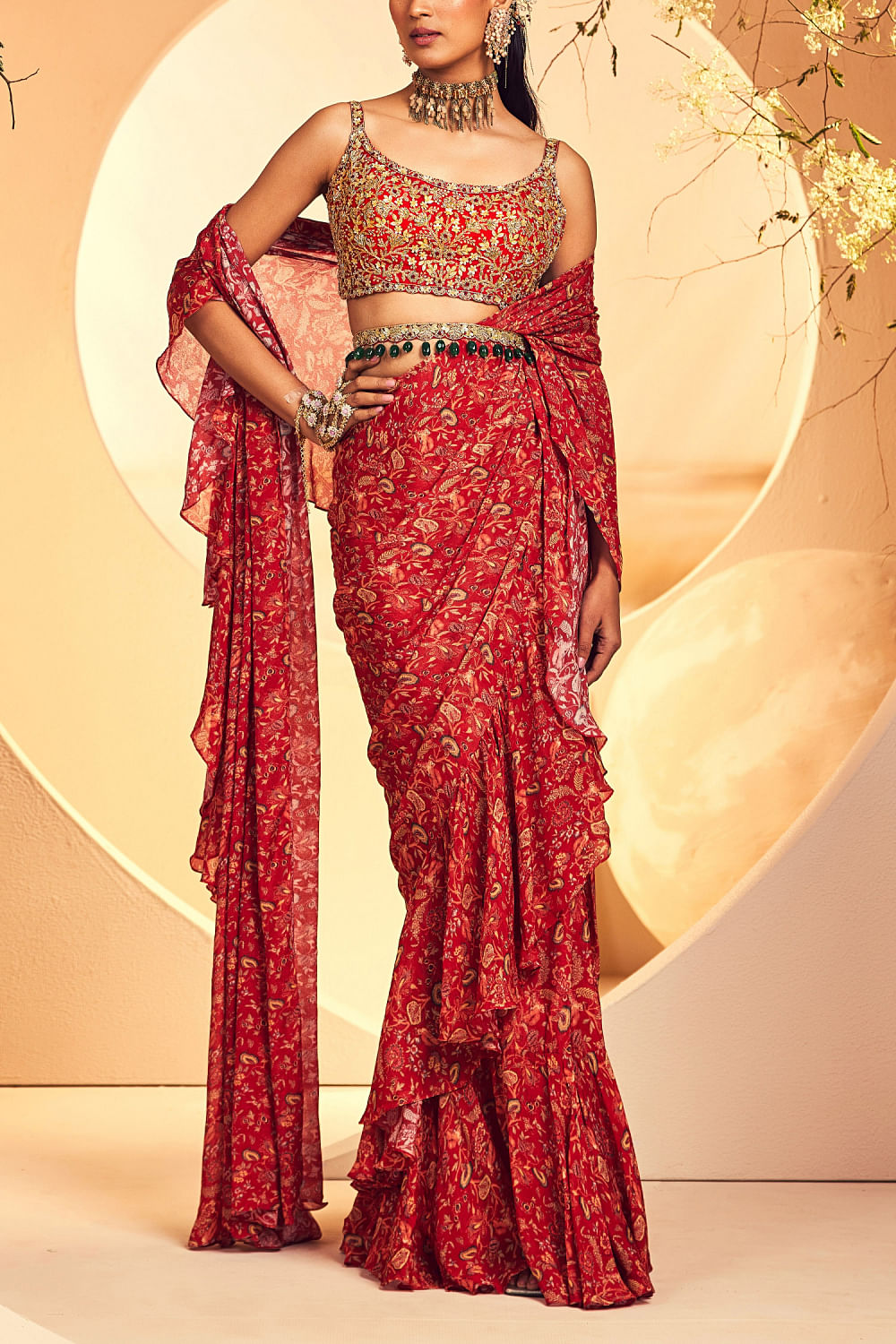 buy maroon floral print pre draped sari set by aneesh agarwaal anemar24d125 1