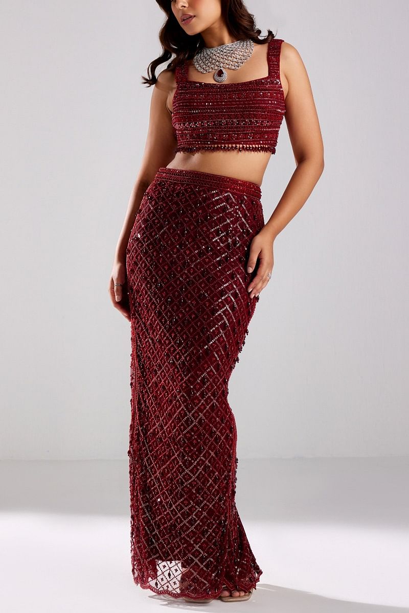 Red embellished pencil skirt top