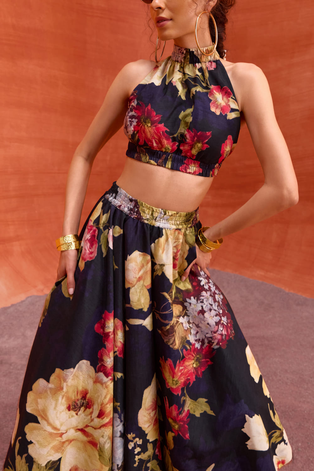 Zaelyth Elegant Floral Cut-Out Lace Skirt Set - Sky Blue Crop Top & Midi
