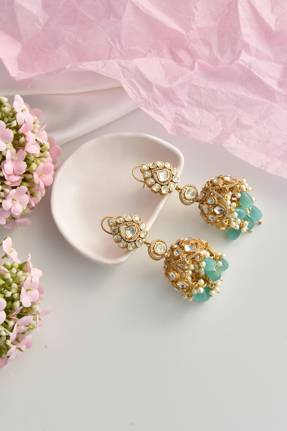 Buy Mint moissanite polki jhumkas by Swabhimann Jewellery at Aashni and Co