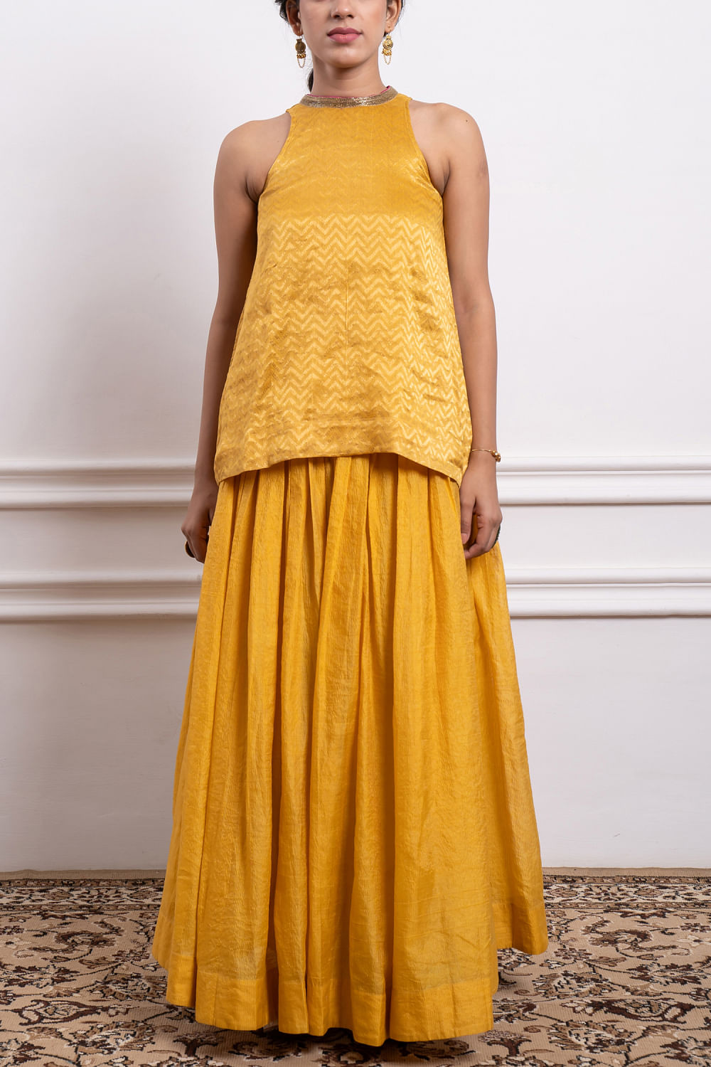 Buy Mustard yellow zig zag handwoven kurta and skirt by Vinusto at Aashni and Co