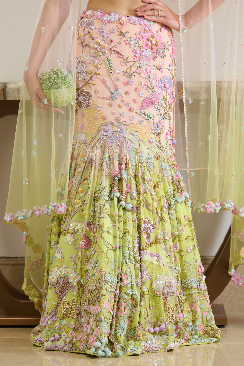 Peach and green ombre mermaid lehenga set