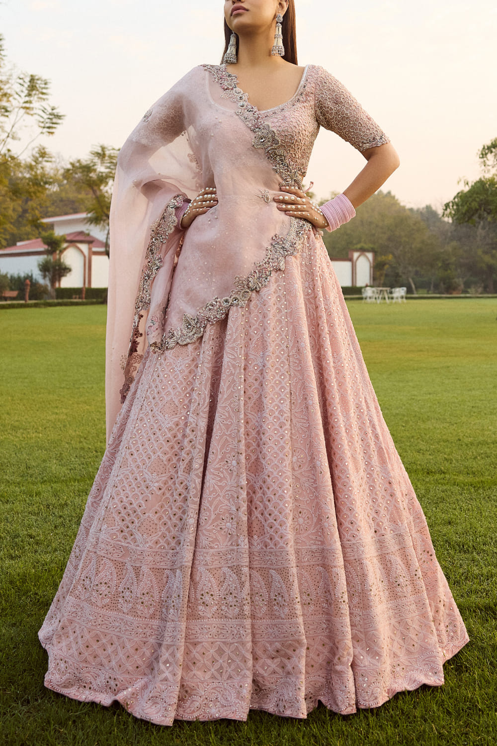 Buy Pink chikankari embroidery lehenga set by Dolly J at Aashni and Co