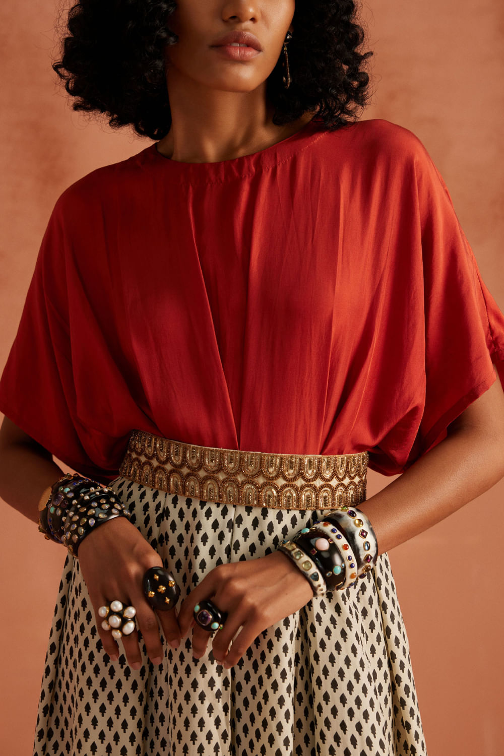 Buy Red and white handblock printed dress by Avacara at Aashni and Co