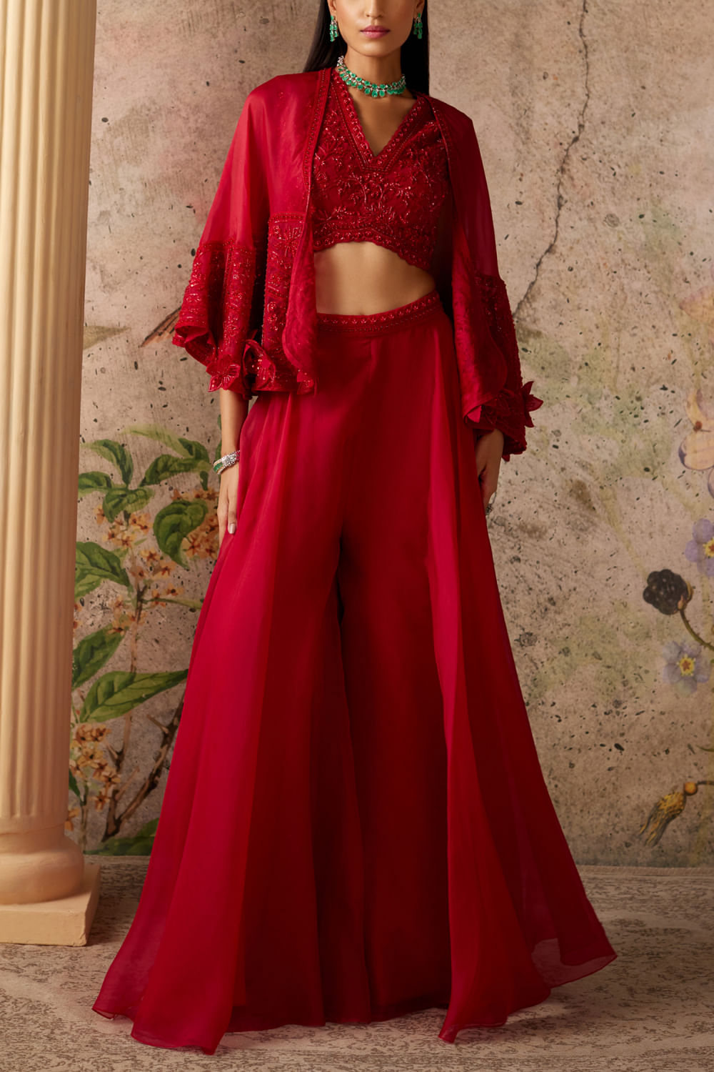 Buy Red embroidered cape and sharara set by Ridhi Mehra at Aashni