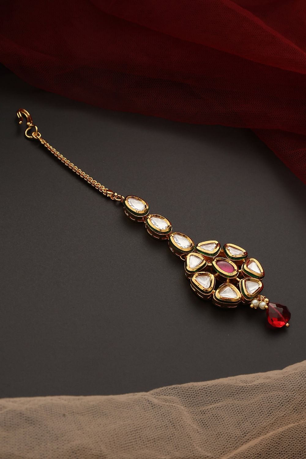Red stone and kundan maang tikka