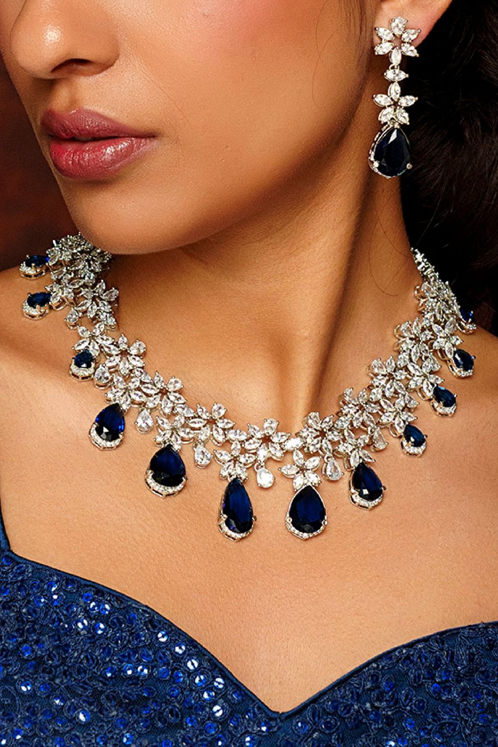 Buy Sapphire and white American diamond necklace set by Zevar By Geeta at Aashni and Co