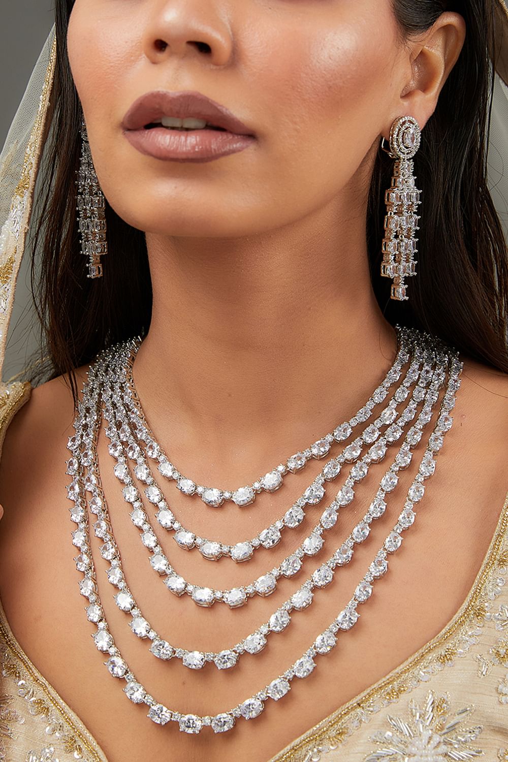 White layered faux diamond long necklace set