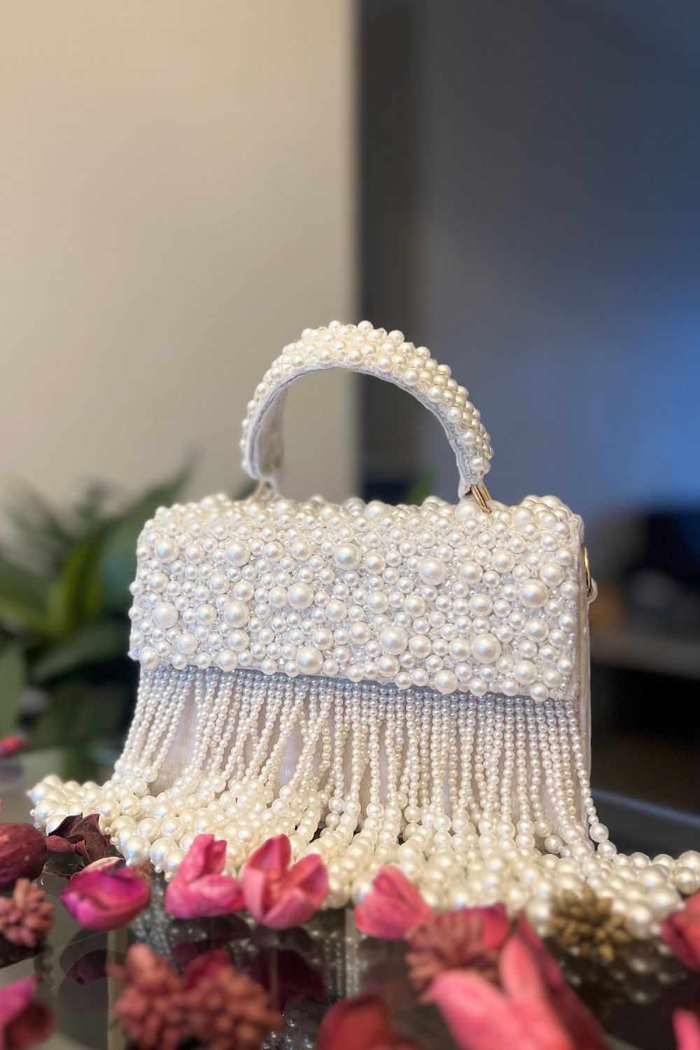 Buy White pearl and crystal tasselled box clutch by Aloha by Pia and Sonal at Aashni and Co