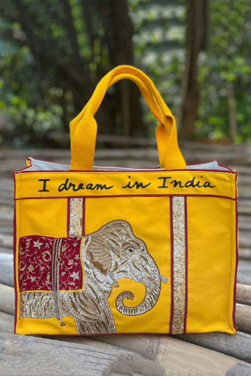 Buy Yellow and gold elephant sequinned tote bag by Art Chives at Aashni and Co