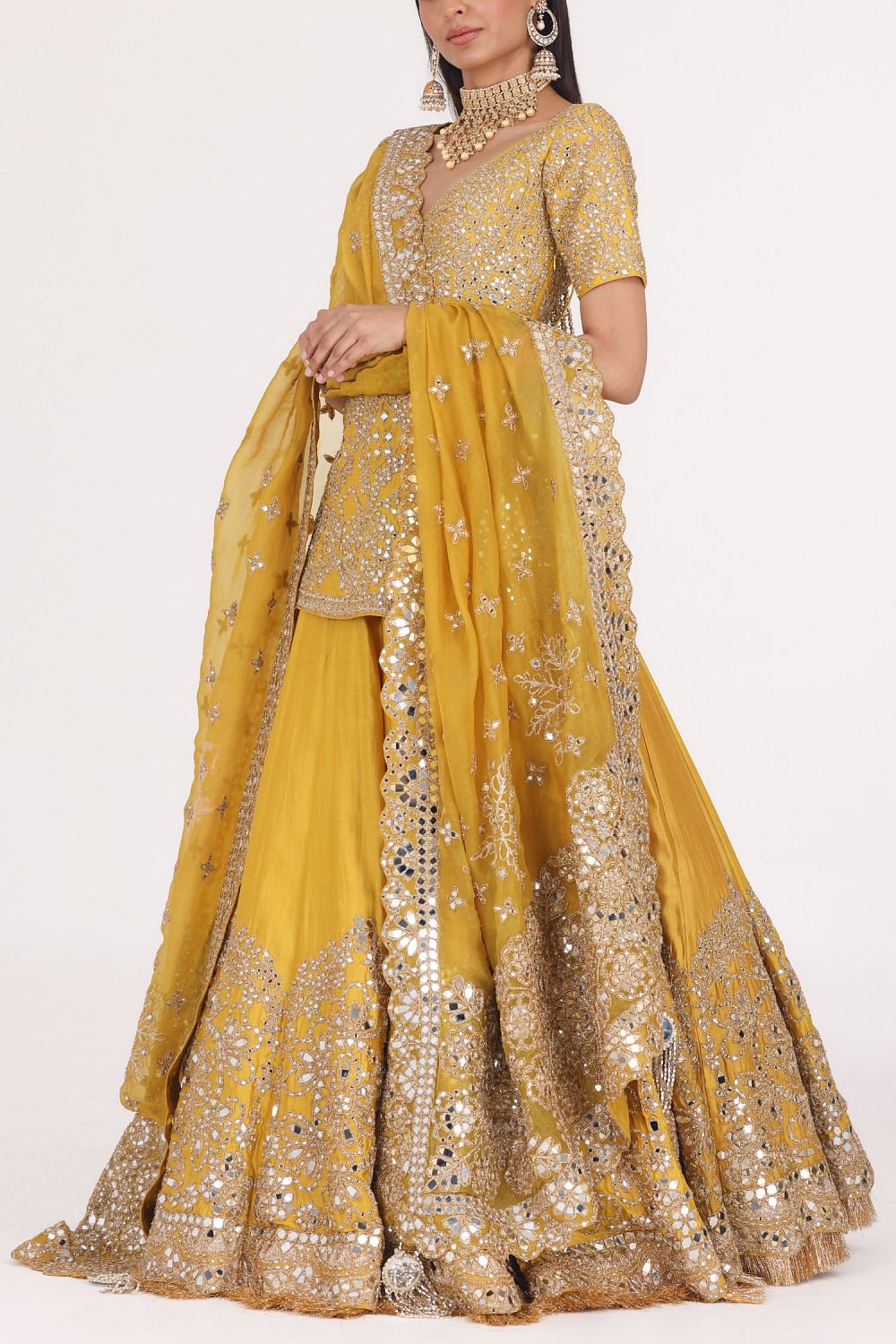Buy Yellow floral mirror embellished lehenga set by Abhinav Mishra at Aashni and Co