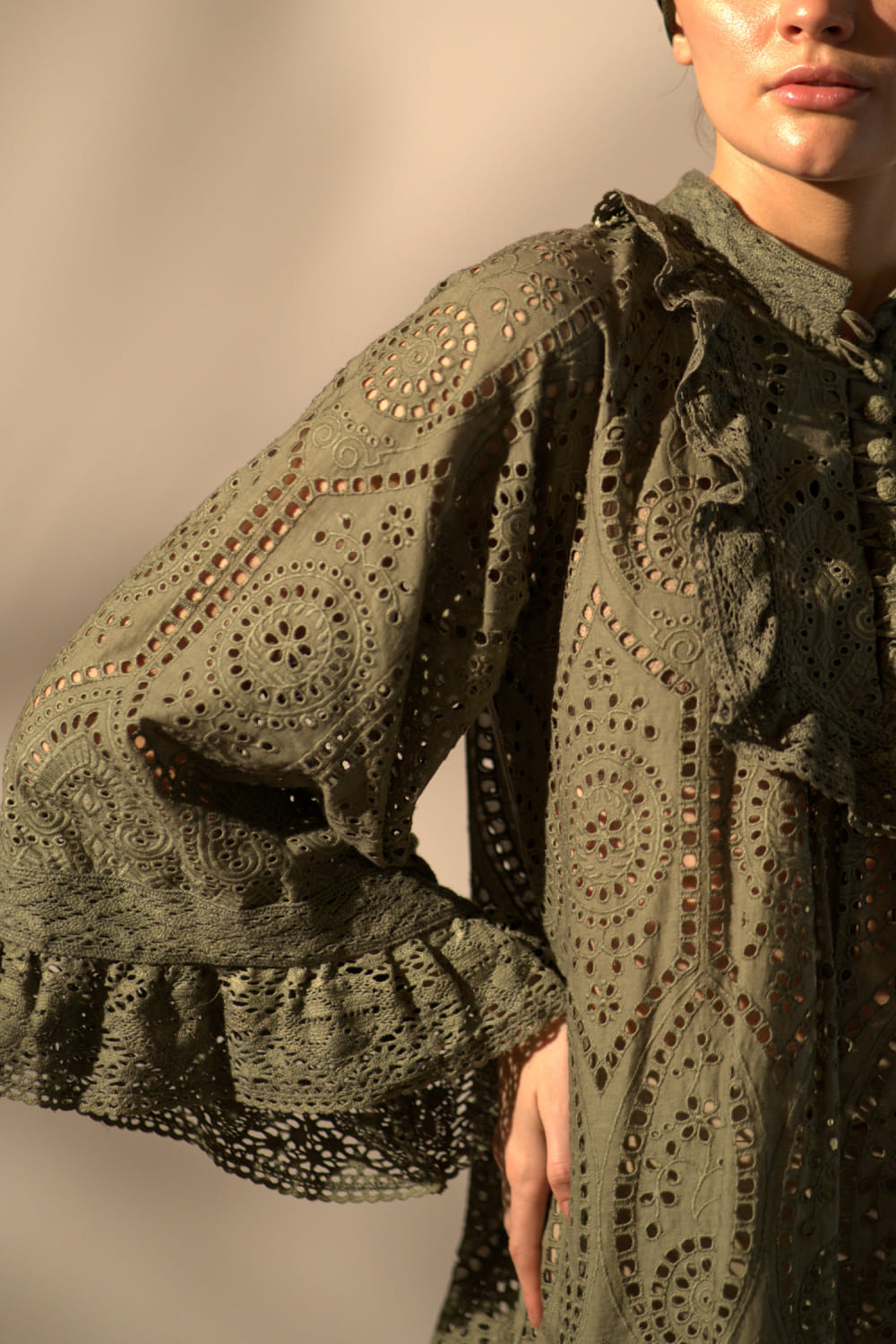 Buy Army green frilled schiffli short dress by Nikita Mhaisalkar at Aashni  and Co